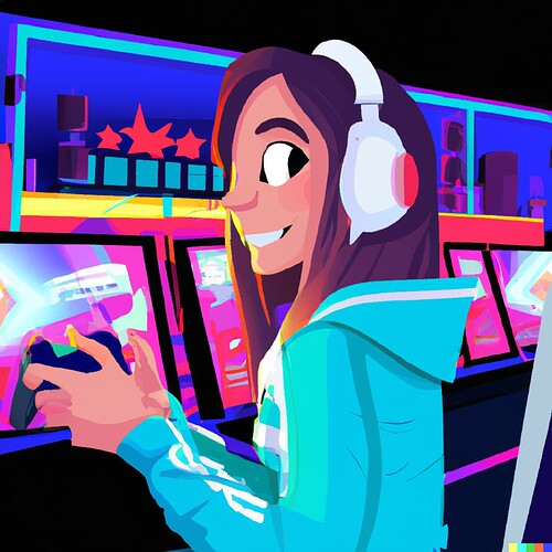 DALL·E 2022-08-22 09.14.23 - Someone enjoys her time with video games in a video game convention hall, neon lights and people in the background, digital art