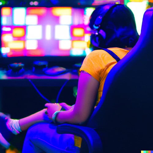 DALL·E 2022-08-22 09.14.25 - Someone enjoys her time with video games in a video game convention hall, neon lights and people in the background, digital art