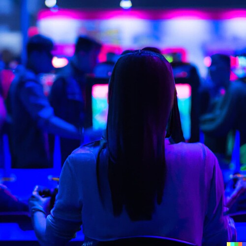 DALL·E 2022-08-22 09.14.26 - Someone enjoys her time with video games in a video game convention hall, neon lights and people in the background, digital art