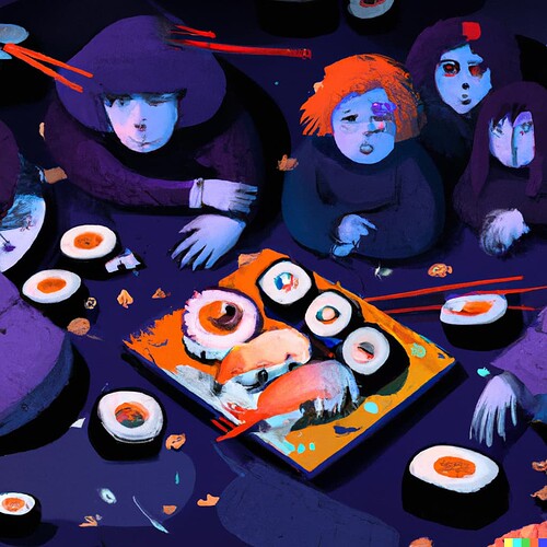 DALL·E 2022-08-21 11.36.10 - a wasted community sushi party, cyberpunk style