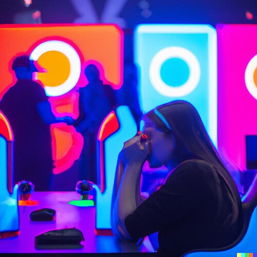 DALL·E 2022-08-22 09.14.28 - Someone enjoys her time with video games in a video game convention hall, neon lights and people in the background, digital art